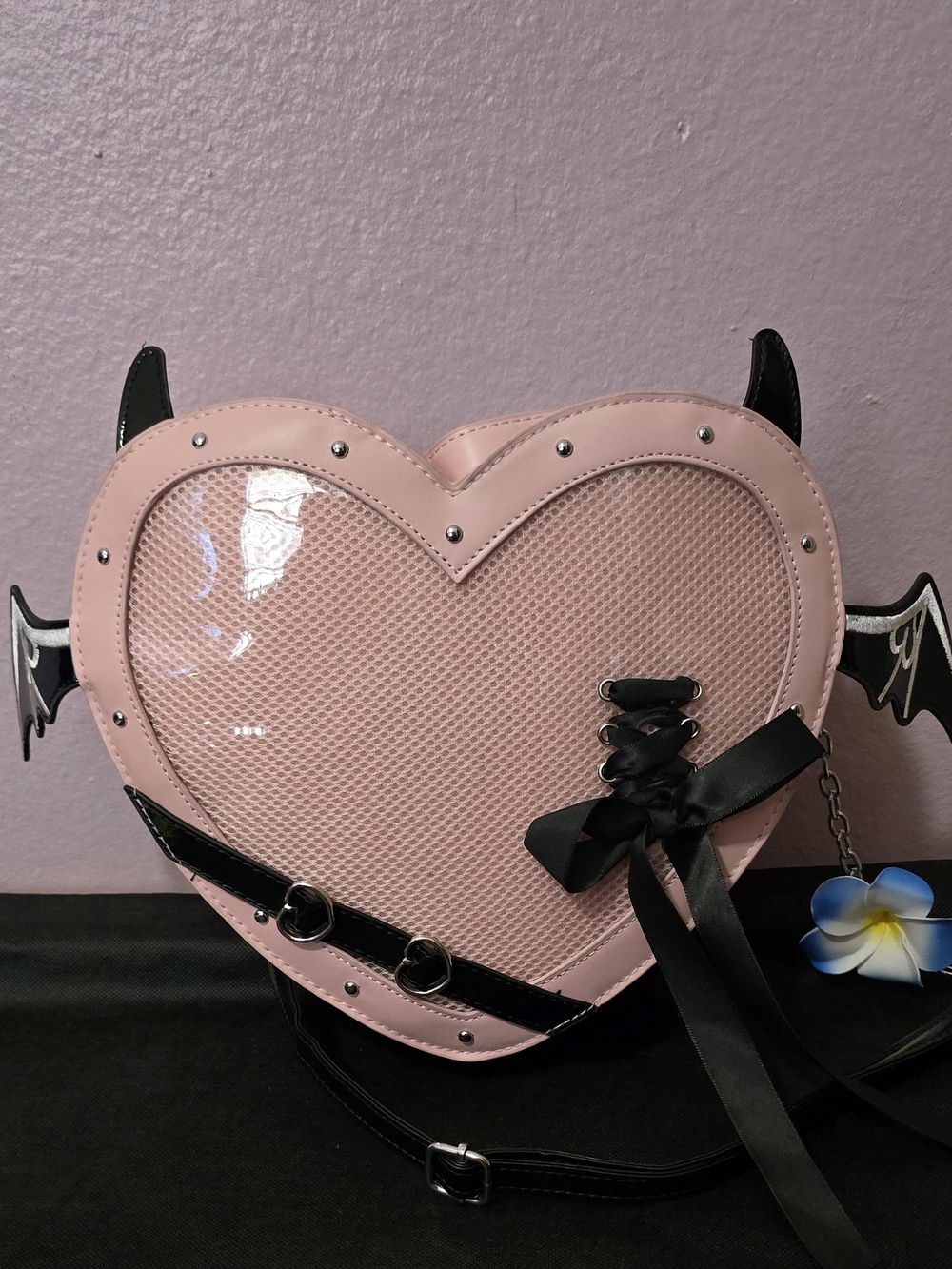 Heart-Shaped Pink Crossbody Bag with Gothic Ribbon Detail